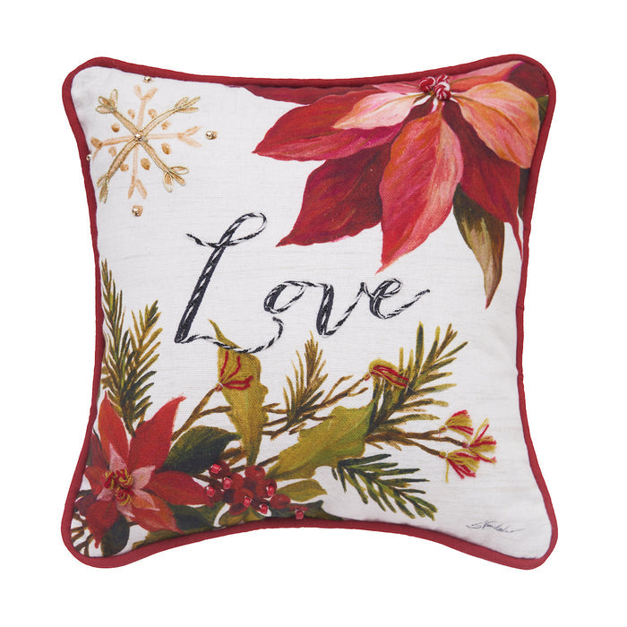 A 10in. x 10in. Love Poinsettia Mini Pillow.