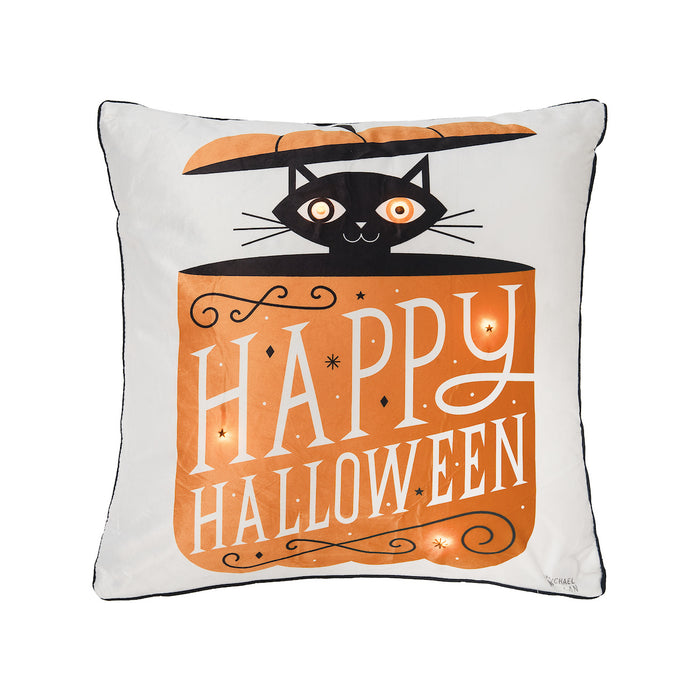 A 18in. x 18in. Festive Fright Cat LED Pillow.