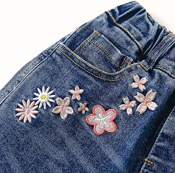 Girls Butterfly Grass Embroidered Slim Jeans Floral Pants