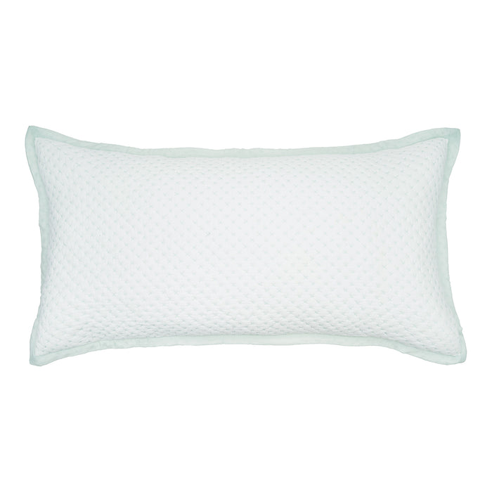 A king-sized pillow sham with a white base and seaglass cross-stitch pattern.