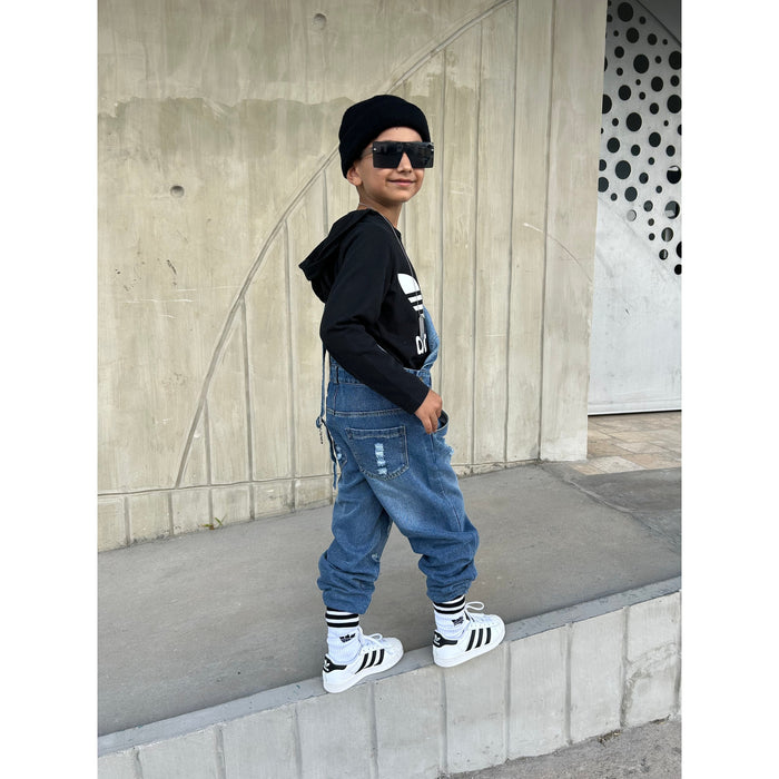 Kids Pocket Stone Washed Ripped Denim Overalls