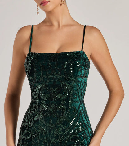 Lilia Sequin Velvet High Slit Column Dress