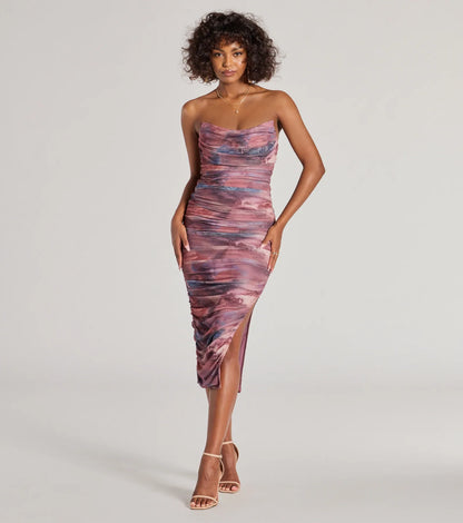 Luminous Allure Strapless Corset Abstract Midi Dress