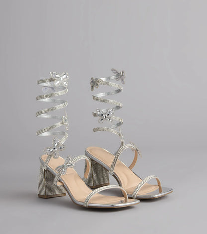 Flutter Up Rhinestone Spiral Strap Heels
