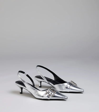Sleek Trendy Buckle Strap Slingback Kitten Heels