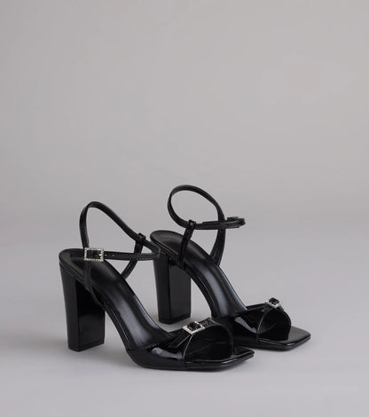 Booked And Busy Rhinestone Buckle Block Heels