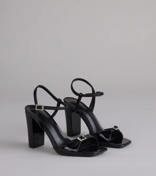 Booked And Busy Rhinestone Buckle Block Heels
