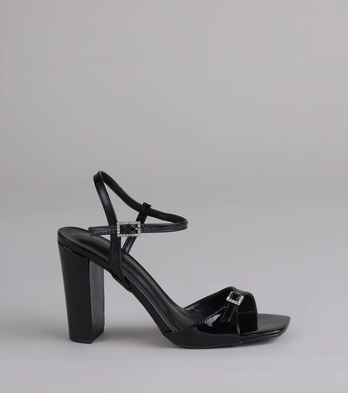 Booked And Busy Rhinestone Buckle Block Heels