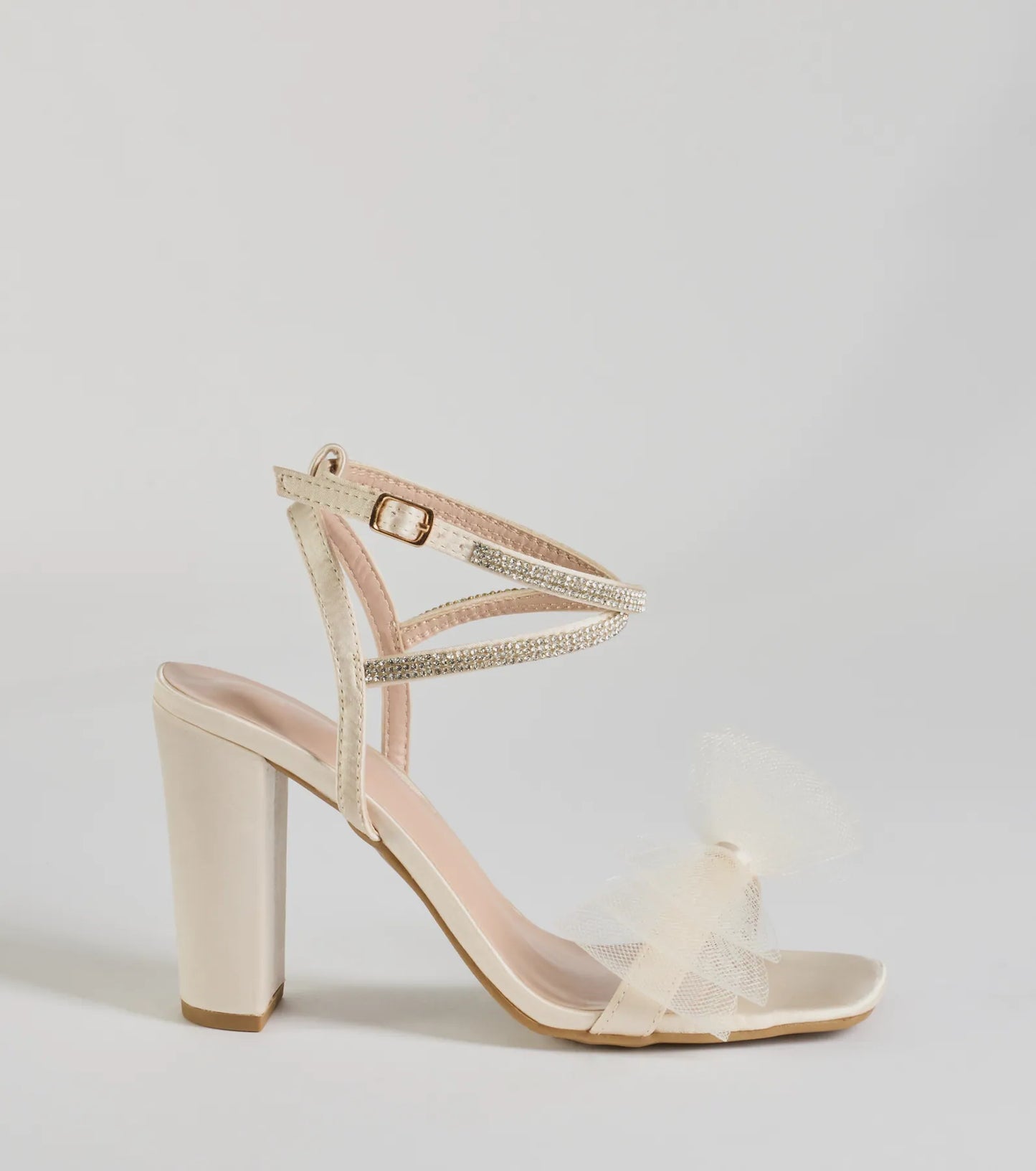 So Lovely Bow Rhinestone Satin Block Heels