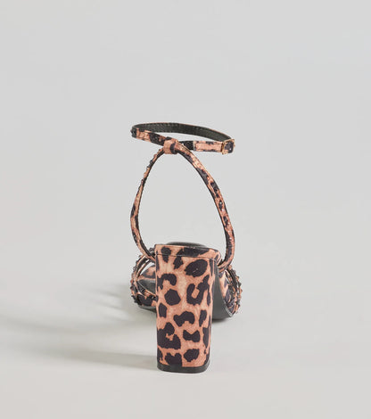 Sassy Rhinestone Strappy Leopard Print Block Heels