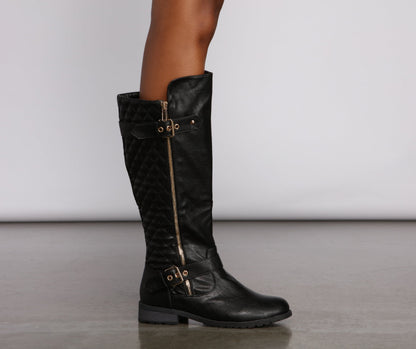 Quilted Faux Leather Buckle Detail Boots
