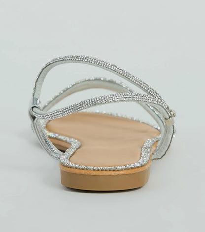 Glamour Steps Rhinestone Strappy Flat Sandals