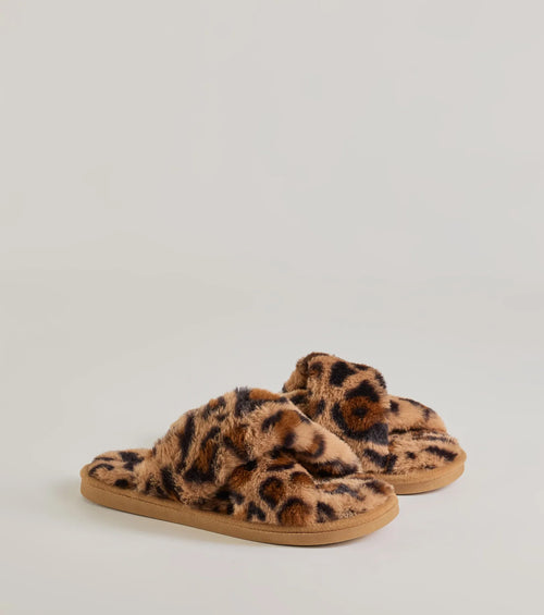 Wildly Chic Faux Fur Leopard Print Slides