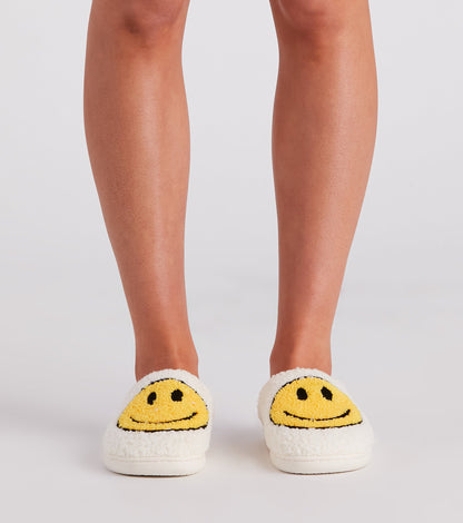 Be Happy Face Faux Sherpa Slippers