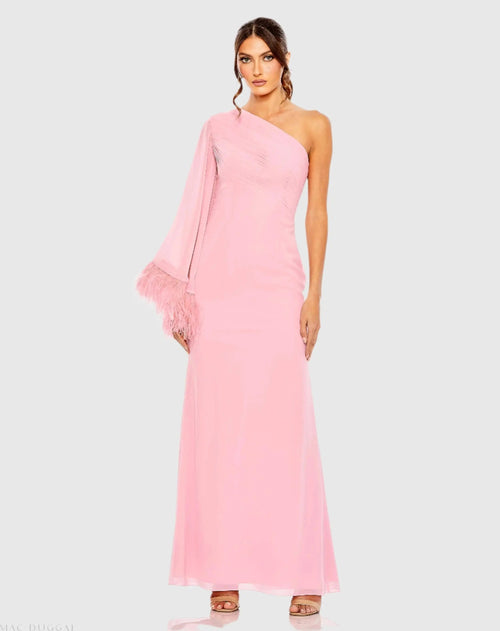 Feather Cuff One Shoulder Ruched Gown