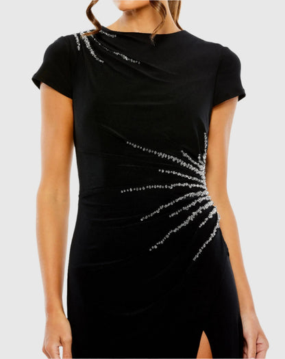 Black Slit Gown with Side Beaded Detail