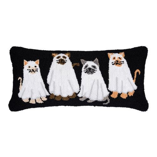 A 12in. x 24in. Ghost Cats Hooked Pillow.