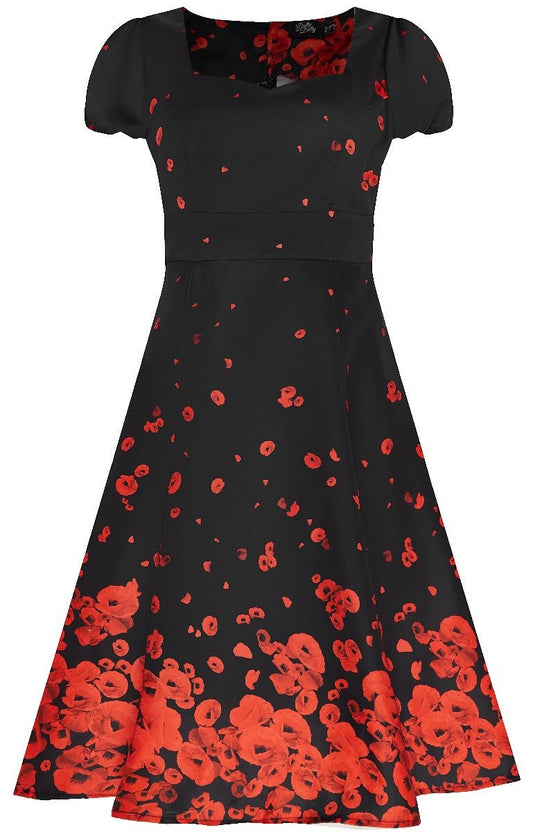 Claudia Classic Fifties Style Black-Red Raising Poppy Flower Dress