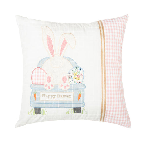 A 18in. x 18in. Happy Easter Bunny Eggs Pillow.