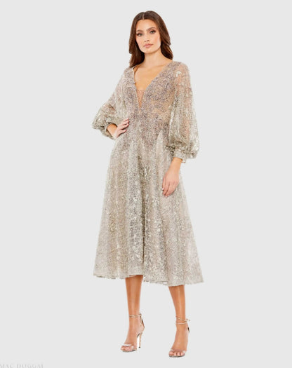 Embellished Plunge Neck Bishop Sleeve Dress
