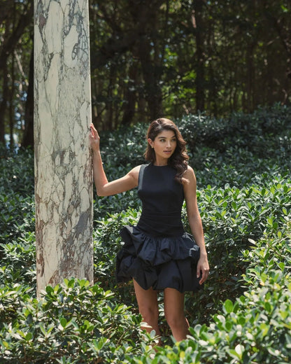 Black Sleeveless Crepe Bubble Skirt Mini Dress