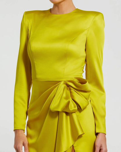 Green Long Sleeve Satin Structured Bow Draped Column Gown
