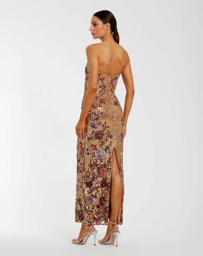 Gold Floral Embellished Strapless Column Dress