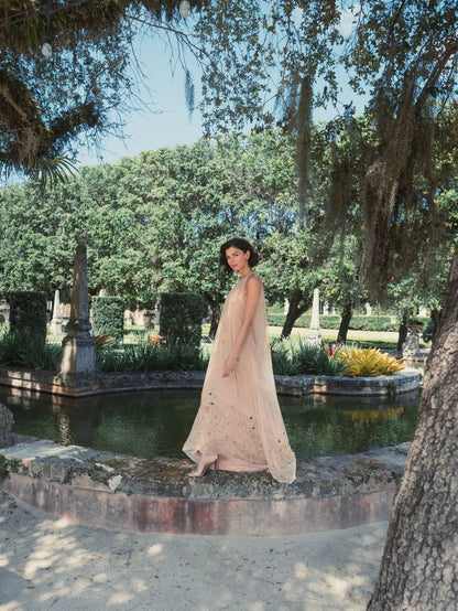 Beige High Neck Floral Embellished Trapeze Gown