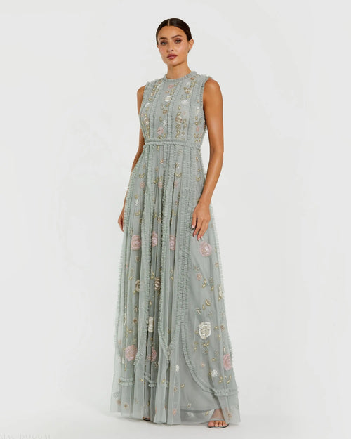 Green Floral Mesh Sleeveless A Line Micro Ruffle Gown