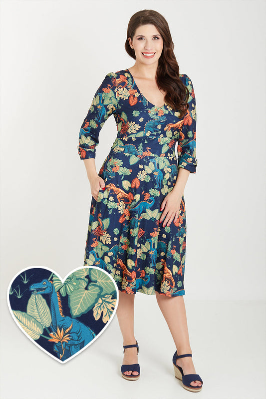 Katherine Long Sleeved Dress in Tropical Leaves/Dinosaurs