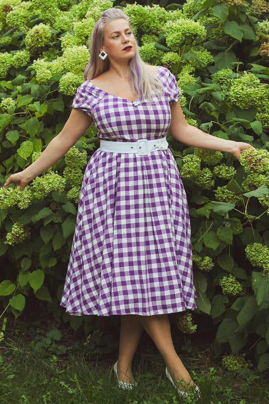 Lily Off Shoulder Purple Gingham Dress
