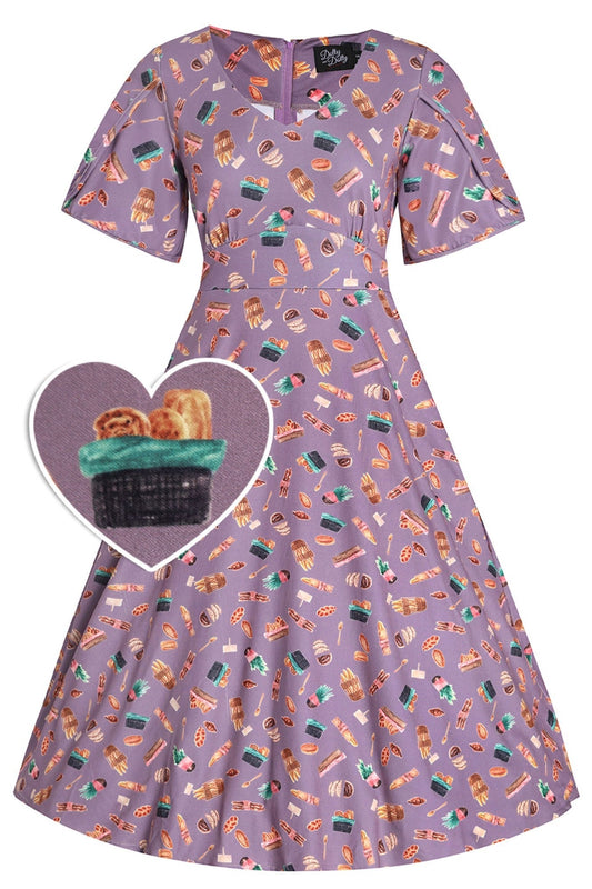 Janice Tea Dress In Purple Pastry Print