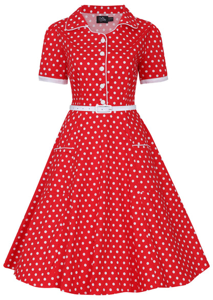 Penelope Pin Up Style Shirt Dress In Classic Red & White Polka Dots