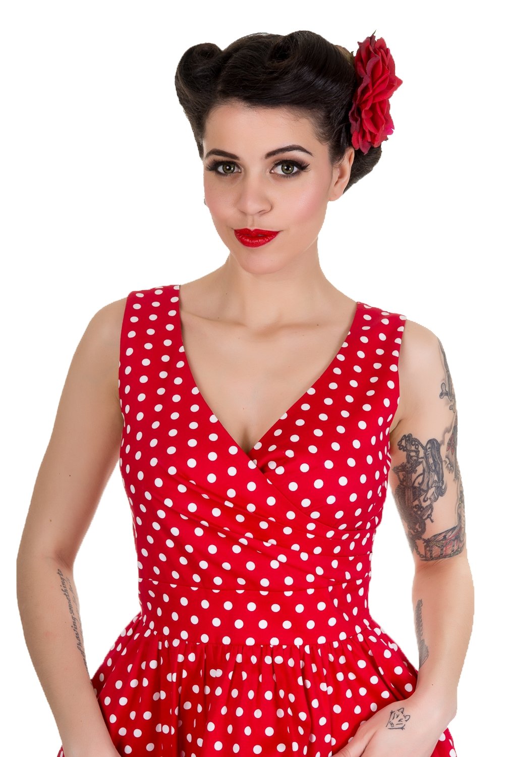 May Crossover Bust Red Polka Dots Swing Dress