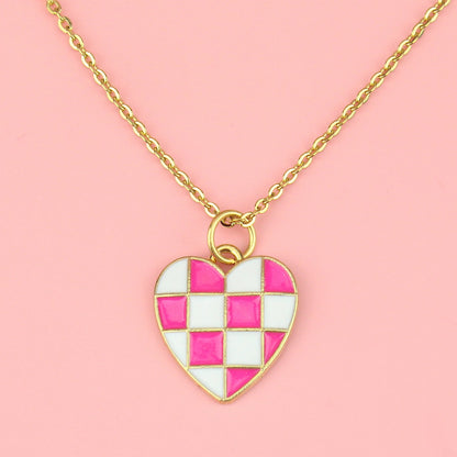 Pink and White Heart Checkerboard Necklace