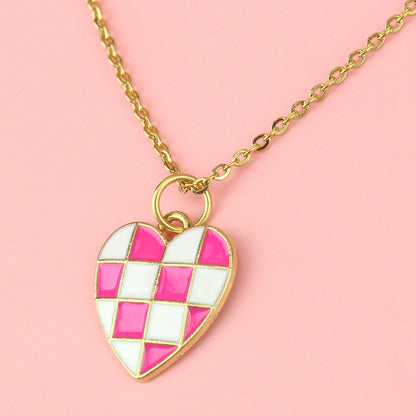 Pink and White Heart Checkerboard Necklace