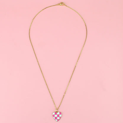 Pink and White Heart Checkerboard Necklace