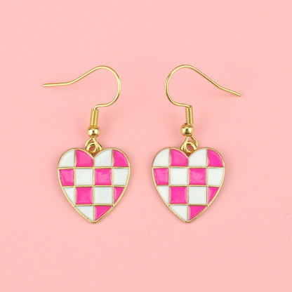 Pink and White Heart Checkerboard Earrings