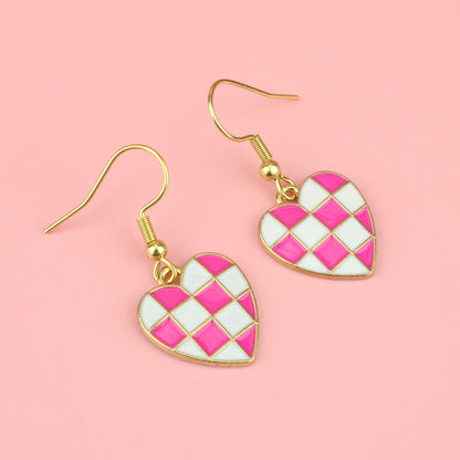 Pink and White Heart Checkerboard Earrings