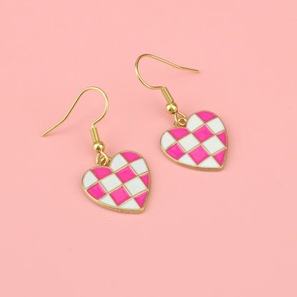 Pink and White Heart Checkerboard Earrings