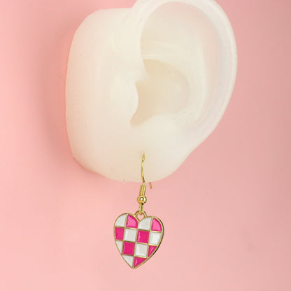 Pink and White Heart Checkerboard Earrings