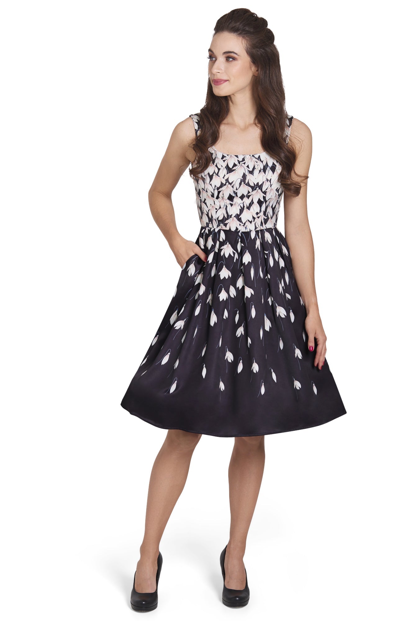 Gorgeous Amanda 50s Inspired Black Swing Dress & Snowdrops