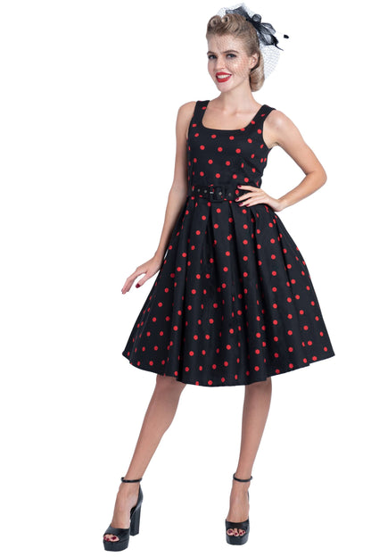 Amanda Retro Polka Dot Swing Dress in Black & Red