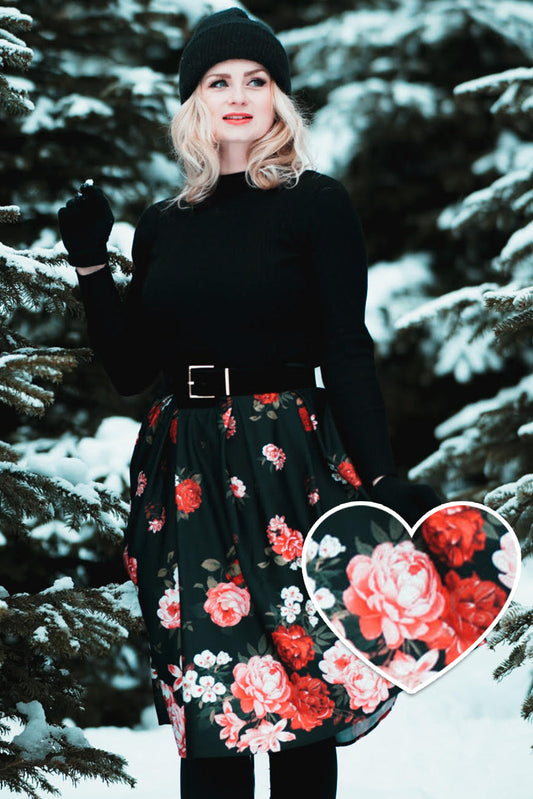 Carolyn Box Pleat Skirt In Black with Raising Red Roses
