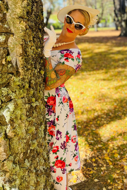 Lily Off Shoulder 50s Pleated Dress in White/Pink Floral