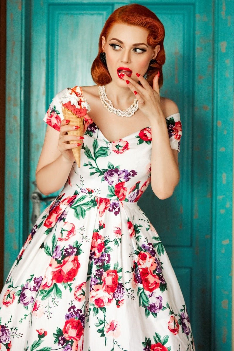 Lily Off Shoulder 50s Pleated Dress in White/Pink Floral