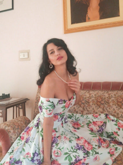 Lily Off Shoulder 50s Pleated Dress in White/Pink Floral