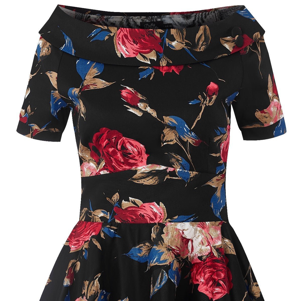 Darlene Rockabilly Floral Roses Swing Dress in Black