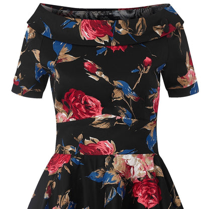 Darlene Rockabilly Floral Roses Swing Dress in Black
