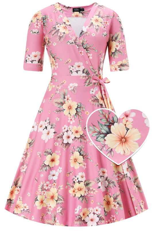 Matilda Pink Vintage Hibiscus Wrap Dress